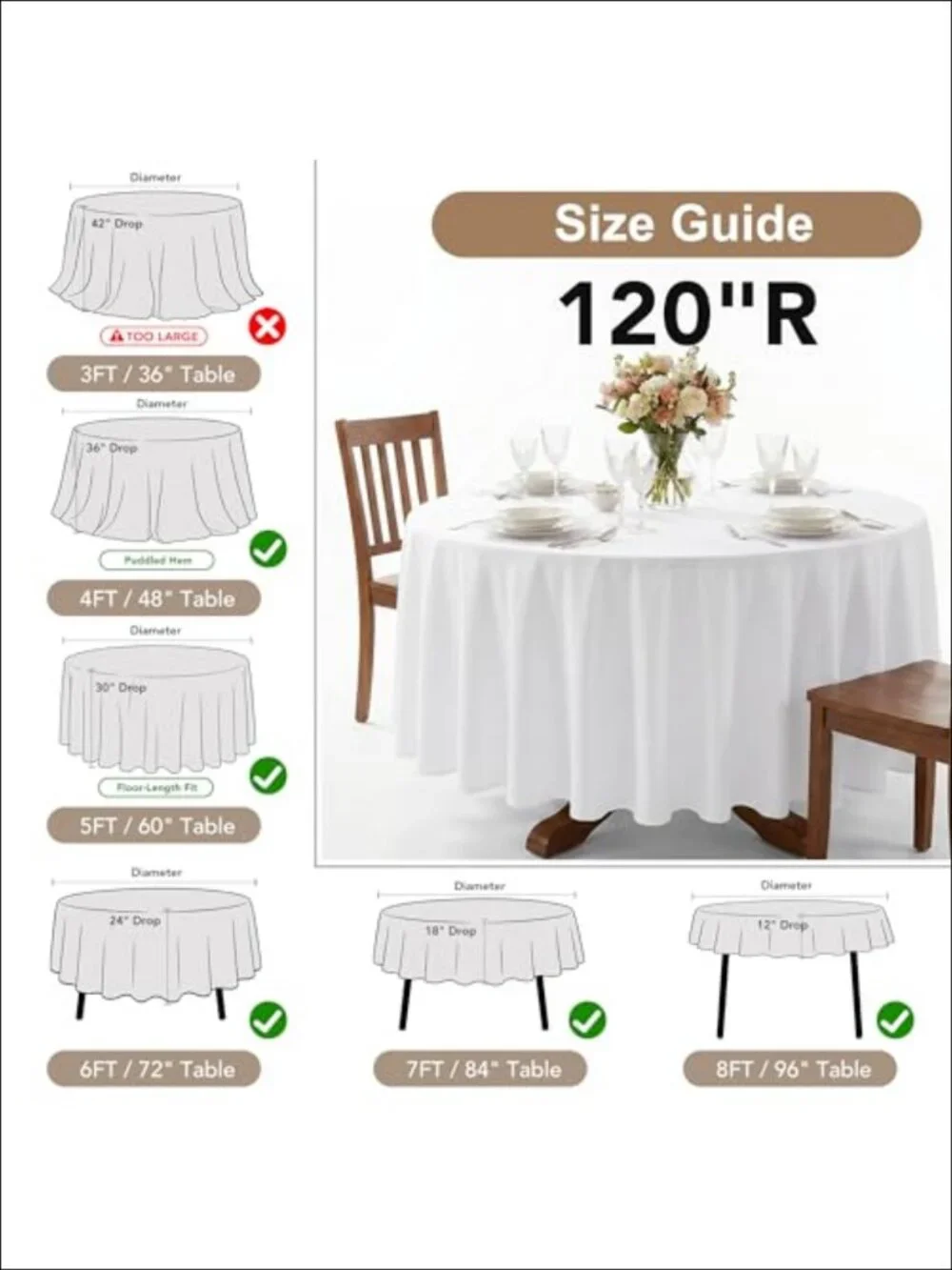 Polyester Round Tablecloths 120 Inch Stain Resistant Machine Washable 6 Pack